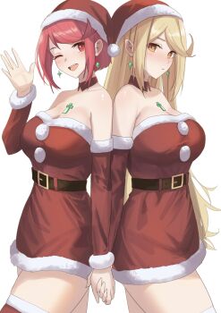 2girls absurdres amausa_subee bare_shoulders belt blonde_hair blurry breasts brown_belt chest_jewel christmas cleavage closed_mouth collarbone commentary cowboy_shot detached_collar detached_sleeves dress earrings english_commentary fur-trimmed_dress fur-trimmed_sleeves fur_trim hat highres holding_hands jewelry large_breasts long_hair looking_at_viewer multiple_girls mythra_(xenoblade) one_eye_closed open_mouth pyra_(xenoblade) red_dress red_eyes red_hair red_hat red_thighhighs santa_costume santa_hat short_hair strapless strapless_dress thighhighs waving white_background xenoblade_chronicles_(series) xenoblade_chronicles_2 yellow_eyes