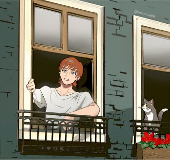 1boy brown_hair cat green_eyes gundam gundam_gquuuuuux horocca male_focus mole mole_under_mouth multicolored_eyes open_mouth open_window purple_eyes shirt smile solo two-tone_eyes window windowsill xavier_olivette