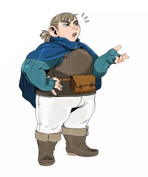 1boy aatom87 alternate_body_size alternate_species artist_name blue_cape boots brown_boots brown_hair cape commentary dungeon_meshi dwarf english_commentary facial_hair fingerless_gloves gloves goatee_stubble green_eyes hand_on_own_hip highres male_focus mickbell_tomas open_mouth ponytail pouch short_ponytail solo stubble thick_eyebrows