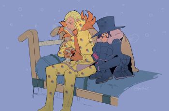 Rule 34 | 2boys, bed, blonde hair, blue background, blue hat, commentary request, facial hair, gloves, goatee, hat, highres, jojo no kimyou na bouken, katori (katokichi), looking at another, magenta magenta, male focus, multiple boys, mustache, on bed, orange gloves, popped collar, purple hair, runny nose, short hair, sitting, snot, steel ball run, very short hair, wekapipo, yellow eyes