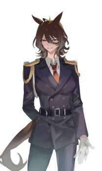 Rule 34 | 1girl, agnes tachyon (umamusume), ahoge, animal ears, belt, black belt, black jacket, black pants, breasts, brown hair, collared shirt, commentary request, epaulettes, gloves, hair between eyes, highres, horse ears, horse girl, horse tail, jacket, long sleeves, matoi sakuretsu, medium breasts, medium hair, necktie, open mouth, pants, red eyes, red necktie, shirt, simple background, smile, solo, tail, umamusume, white background, white gloves