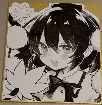 1girl blush bow bowtie buttons collared_shirt commentary greyscale_with_colored_background hair_between_eyes hat highres marker_(medium) moni_monico open_mouth pom_pom_hat_ornament portrait shameimaru_aya shikishi shirt short_hair smile solo tokin_hat touhou traditional_media