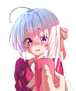 Rule 34 | 1girl, 1other, ahoge, ayachi nene, blush, chinese commentary, colored skin, commentary, dildo, embarrassed, eyes visible through hair, grey hair, hair between eyes, hair ribbon, holding, holding sex toy, huge ahoge, implied masturbation, long hair, looking at viewer, nose blush, open mouth, pov, pov hands, purple eyes, raised eyebrows, red ribbon, ribbon, sanoba witch, sex toy, side ponytail, sidelighting, sketch, solo focus, tearing up, upper body, white background, ze ping45283