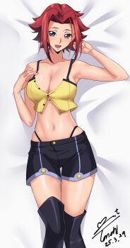1girl absurdres artist_name bare_shoulders blue_eyes boots breasts code_geass collarbone crop_top dakimakura_(medium) dated female_focus highres kouzuki_kallen large_breasts looking_at_viewer lying medium_hair on_back parted_bangs red_hair shiny_skin shorts thigh_boots variant_set yoo_tenchi