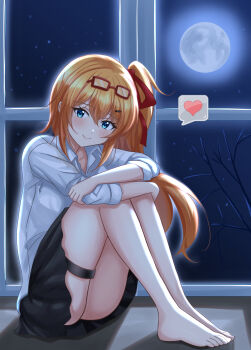 1girl absurdres arms_on_knees bare_legs barefoot black_skirt blue_eyes blush chestnut95 commentary_request from_side full_body full_moon girls&#039;_frontline hair_between_eyes hair_ribbon heart highres indoors kalina_(girls&#039;_frontline) knees_to_chest knees_up long_hair looking_at_viewer miniskirt moon night night_sky orange_hair red_ribbon ribbon shirt side_ponytail sitting skirt sky smile solo spoken_heart star_(sky) starry_sky thigh_strap very_long_hair white_shirt