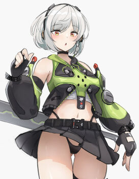 1girl anby_demara bare_shoulders black_gloves black_panties black_thighhighs braid breasts brunobrun9bruno clothes_lift commentary crop_top fingerless_gloves gloves gluteal_fold green_sleeves grey_hair headphones highres jacket looking_at_viewer medium_breasts midriff multicolored_sleeves navel orange_eyes panties short_hair single_braided_sidelock skirt skirt_lift sword thighhighs thighs underwear weapon wind zenless_zone_zero