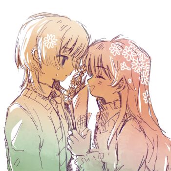 1boy 1girl arms_at_sides blush bouquet brother_and_sister cardigan closed_eyes crying fleabane flower frilled_shirt_collar frills from_side gradient_theme grin hands_up holding holding_bouquet long_hair looking_at_another necktie profile saihate_eki short_hair siblings simple_background smile sweater_vest tatsunami_shion tears tenjiku_aoi twins upper_body white_background yingtao_zi_liaoli