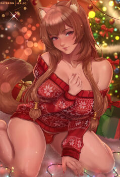 1girl animal_ear_fluff animal_ears barefoot blush box breasts brown_hair christmas_tree exlic futanari gift gift_box highres kneeling large_breasts lips long_hair looking_at_viewer off-shoulder_sweater off_shoulder panties patreon_username raccoon_ears raccoon_girl raccoon_tail raphtalia red_eyes red_panties solo sweater tail tate_no_yuusha_no_nariagari underwear