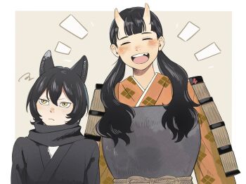 Rule 34 | 2girls, :d, ^ ^, animal ears, armor, black hair, black kimono, black scarf, border, breastplate, cat ears, cat girl, chipped tooth, closed eyes, dungeon meshi, frown, half-closed eyes, highres, horns, inutade, izutsumi, japanese clothes, kimono, light blush, long hair, mole, mole under eye, multiple girls, open mouth, orange kimono, ppp1689780, rope belt, scarf, short hair, skin-covered horns, smile, twintails, white border, yellow eyes