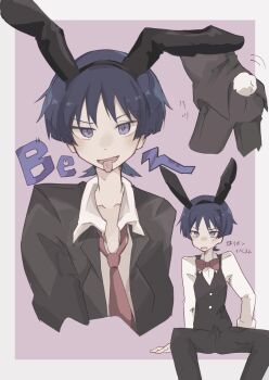 1boy animal_ears arms_at_sides black_hair black_jacket black_pants black_sleeves black_suit black_vest blunt_ends border bow bowtie collarbone collared_shirt fake_animal_ears fake_tail formal_clothes genshin_impact highres jacket long_sleeves looking_at_viewer male_focus male_playboy_bunny multiple_views open_mouth pants partially_unbuttoned pink_background purple_eyes rabbit_ears red_bow red_bowtie scaramouche_(genshin_impact) shirt sitting solo suit sweatdrop tail tongue tongue_out tsurime undershirt vest white_border white_shirt white_sleeves wispy_bangs zattasyanko