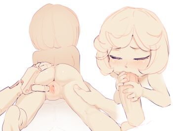 1boy 1girl ass barefoot berserk blush cleft_of_venus closed_eyes completely_nude disembodied_penis erection fellatio from_behind grabbing_another's_penis handjob hetero highres kneepits large_penis loli lying multiple_views nude on_stomach open_mouth oral penis precum pussy rodecchi schierke_(berserk) short_hair simple_background spread_pussy teeth testicles two-handed_handjob uncensored white_background