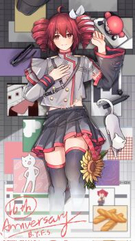 1girl ahoge anniversary baguette black_skirt black_sleeves black_thighhighs bread closed_mouth corrupted_twitter_file digital_dissolve flower food frontiersun fukkireta grey_jacket hand_on_own_chest hand_up highres hito_mania_(utau) jacket kasane_teto kasane_teto_(sv) liar_dancer_(synthesizer_v) looking_at_viewer lying on_back override_(synthesizer_v) pink_trim pleated_skirt puzzle_piece ripples skirt smile solo song_request sunflower synthesizer_v thighhighs utau yoshiwara_lament_(utau)