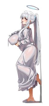1girl absurdres blue_archive breasts commentary_request covered_erect_nipples frilled_pajamas frills grabbing_own_breast halo highres kuyokuyo large_breasts long_hair looking_at_viewer mechanical_halo nightgown noa_(blue_archive) noa_(pajamas)_(blue_archive) pajamas ponytail see-through_clothes sleepwear white_hair white_nightgown white_pajamas