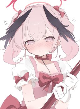 1girl alternate_costume black_wings blue_archive blush bow bowtie breasts cleavage closed_mouth collarbone commentary dot_nose dress embarrassed feathered_wings flying_sweatdrops frilled_sleeves frills gloves hair_between_eyes hair_bow halo hands_up head_wings highres holding holding_staff koharu_(blue_archive) large_bow looking_at_viewer magical_girl medium_hair mini_wings nose_blush pink_bow pink_bowtie pink_dress pink_eyes pink_hair pink_halo pink_theme puffy_short_sleeves puffy_sleeves raised_inner_eyebrows short_sleeves sidelocks simple_background small_breasts solo staff standing sweatdrop tntl_nemui twintails upper_body wavy_mouth white_background white_gloves winged_halo wings