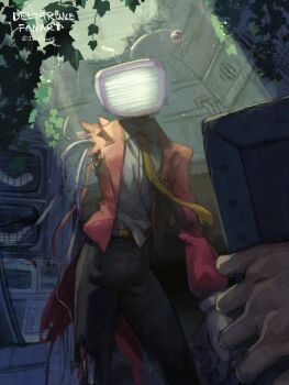 1boy ant_tenna belt belt_buckle black_pants branch buckle cable clothed_robot collared_shirt copyright_name crt deltarune gloves humanoid_robot iq2coore light_rays male_focus mechabare missing_limb necktie object_head pants purple_belt radio_antenna robot shirt shirt_partially_tucked_in sunbeam sunlight tailcoat torn_clothes torn_necktie torn_pants twitter_username utdr_(toby_fox) white_gloves white_shirt yellow_necktie