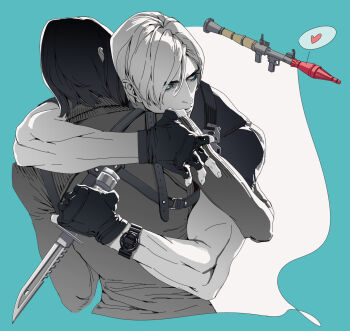 1boy 1girl ada_wong aqua_border arm_around_back arm_around_shoulder black_gloves black_hair blonde_hair blue_eyes border breasts chest_harness commentary couple cropped_torso fingerless_gloves gloves hair_between_eyes harness heart hetero highres holding holding_knife hug knife leon_s._kennedy long_sleeves medium_breasts muscular muscular_male parted_bangs peanut9021 resident_evil resident_evil_4 resident_evil_4_(remake) rocket_launcher short_hair short_sleeves spoken_heart sweater symbol-only_commentary turtleneck turtleneck_sweater upper_body watch weapon white_background wristwatch