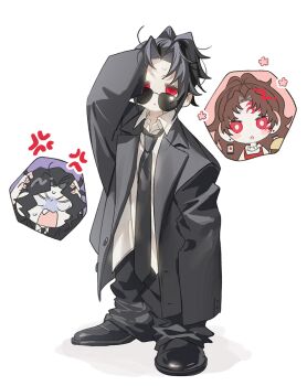 Rule 34 | 3boys, alternate costume, anger vein, apron, black hair, black jacket, black pants, black shoes, bright pupils, brown hair, chibi, collared shirt, earrings, fang, full body, hanafuda earrings, hand up, high ponytail, jacket, jewelry, kibutsuji muzan, kimetsu no yaiba, male focus, multiple boys, open mouth, oversized clothes, pants, parted lips, ponytail, red apron, red eyes, sal gun, shadow, shirt, shoes, short hair, simple background, spiked hair, sunglasses, tsugikuni michikatsu, tsugikuni yoriichi, white background, white pupils, white shirt