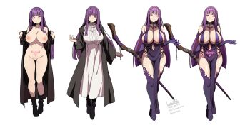 1girl absurdres areola_slip arm_at_side artist_name batta_16-sei black_boots blunt_bangs boots breasts choker clothes_on_and_off clothing_cutout coat commentary_request corruption crossed_legs demon_girl dress elbow_gloves fern_(sousou_no_frieren) flashing full_body gem gloves glowing glowing_eyes gluteal_fold half-closed_eyes hand_up hands_up highres holding holding_staff huge_breasts light_blush long_dress long_hair long_sidelocks long_sleeves looking_at_viewer mage_staff multiple_views navel navel_cutout nipples nude o-ring open_clothes open_coat pelvic_curtain pink_eyes pubic_tattoo purple_choker purple_dress purple_eyes purple_gloves purple_hair red_gemstone sidelocks simple_background smile sousou_no_frieren split_mouth staff standing tattoo thigh_boots variations very_long_hair watson_cross white_background white_dress wide_sleeves