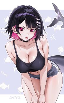 1girl alternate_costume artist_name bare_shoulders black_choker black_hair black_shirt blue_background blue_shorts border breasts choker cleavage collarbone colored_inner_hair commentary cowboy_shot crop_top dolphin_shorts ellen_joe english_commentary fins fish_tail hands_on_own_knees highres large_breasts leaning_forward looking_at_viewer midriff_peek mole mole_under_eye multicolored_hair navel ompf pink_eyes razor_blade_hair_ornament scar scar_on_tail shark_girl shark_print shark_tail shirt short_hair shorts solo sweat tail tongue tongue_out v-shaped_eyebrows white_border zenless_zone_zero