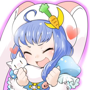 Rule 34 | 1girl, :d, animal, animal around neck, animal hat, arch bishop (ragnarok online), blue dress, blush, carrot hat ornament, cat, closed eyes, commentary request, crescent, crescent hat ornament, dress, hat, hat ornament, layered sleeves, long hair, long sleeves, lowres, oekakipikki, open mouth, poring, rabbit hat, ragnarok online, short over long sleeves, short sleeves, simple background, smile, solo, upper body, white background, white cat, white hat