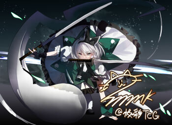 1girl 2022mmk black_bow black_hairband bow bow_hairband frilled_skirt frills hairband hashtag-only_commentary hitodama hitodama_print holding holding_sword holding_weapon katana konpaku_youmu konpaku_youmu_(ghost) looking_at_viewer mouth_hold puffy_short_sleeves puffy_sleeves scrunchie short_hair short_sleeves signature skirt solo sword touhou v-shaped_eyebrows weapon white_hair wrist_scrunchie