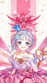 Rule 34 | 1girl, baizu (guszx), bare shoulders, blue eyes, blush, braid, breasts, cleavage cutout, clothing cutout, collarbone, crown, dress, fingerless gloves, gem, gloves, grey hair, hair intakes, hand on own chest, highres, jewelry, keyhole, looking at viewer, mini crown, official art, official wallpaper, open mouth, shironeko project, short hair, small breasts, smile, solo, strapless, strapless dress, tilted headwear, tina topia, upper body