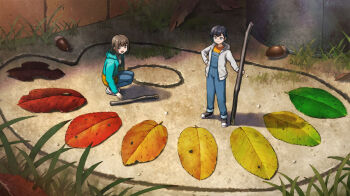 2girls :d acorn black_hair brown_hair commentary_request full_body grass hand_on_own_hip hashi jacket leaf mini_person minigirl multiple_girls open_clothes open_jacket open_mouth original overalls paint_palette short_hair smile squatting standing stick