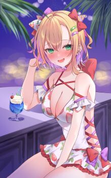 1girl :d arm_between_legs arm_support bandaid bandaid_hair_ornament bare_shoulders bendy_straw blonde_hair blush bow breasts cherry cleavage colored_inner_hair cone_hair_bun cross-laced_clothes cross-laced_one-piece_swimsuit cup drink drinking_glass drinking_straw ear_piercing food food_print fruit fruit_print green_eyes hair_bow hair_bun hair_ornament hand_on_own_cheek hand_on_own_face highres ice_cream ice_cream_cup ice_cream_float innertube kurumi_noah kurumi_noah_(vspo!_summer_2024) large_breasts looking_at_viewer multicolored_hair ngmon_v night night_sky o-ring o-ring_swimsuit open_mouth palm_tree piercing pink_trim pov purple_hair saliva shy sideless_swimsuit simple_background sitting sky smile soda strawberry_print sweat swim_ring swimsuit swimsuit_skirt thighs tree two-tone_bow virtual_youtuber vspo!