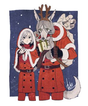 2boys animal_ears antlers bags_under_eyes belt black_eyes blue_background border buttons capelet cropped_legs dungeon_meshi elf fur-trimmed_capelet fur_trim gift gloves green_eyes grey_hair holding holding_gift holding_sack hood hood_up horns jacket kabe_piko lazy_eye long_hair long_sleeves looking_at_viewer low_twintails lycion male_focus mithrun multiple_boys notched_ear pointing pointy_ears red_capelet red_jacket reindeer_antlers sack santa_costume short_hair simple_background snowing tail transformation twintails uneven_eyes wavy_hair werewolf white_border wolf_ears wolf_tail