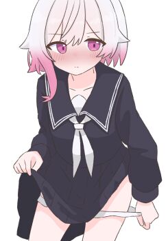1girl black_serafuku black_skirt blush clothes_lift gradient_hair highres loli long_sleeves mahou_shoujo_no_majo_saiban medium_hair multicolored_hair neckerchief nose_blush pale_skin panties panty_pull pink_eyes pink_hair sakuraba_ema school_uniform serafuku simple_background skirt skirt_lift tabedesuyo two-tone_hair underwear undressing white_background white_hair white_neckerchief white_panties