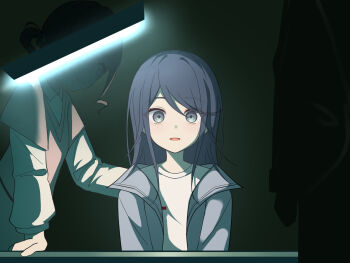 1boy 2girls black_background black_hair brown_hair brown_shirt character_request commentary ghost_in_the_shell grey_eyes hand_on_another&#039;s_back highres hoshino_ichika_(project_sekai) interrogation jacket lamp long_hair looking_at_another looking_at_viewer mochizuki_honami multiple_girls parody parted_lips project_sekai scene_reference shirt sitting sukeroku828 thousand_yard_stare white_shirt wide-eyed
