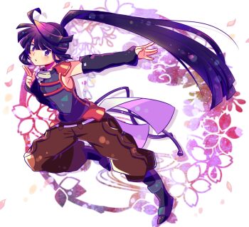 Rule 34 | 1girl, ahoge, akatsuki (log horizon), bad id, bad pixiv id, black sleeves, blue shirt, brown pants, detached sleeves, female focus, floating hair, full body, hair between eyes, high ponytail, leg up, log horizon, long hair, long sleeves, pants, parted lips, ponytail, purple eyes, purple hair, running, shirt, sleeveless, sleeveless shirt, solo, spoonbill, very long hair
