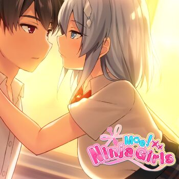 1boy 1girl araya_kazuki black_hair black_skirt blue_eyes bow bowtie breasts closed_mouth commentary copyright_logo copyright_name english_commentary face-to-face grey_hair hair_between_eyes hair_ornament hetero logo looking_at_another machiyuki_ricka medium_hair moe!_ninja_girls official_art profile purple_eyes red_bow red_bowtie school_uniform shirt short_hair sidelocks skirt sunlight upper_body white_shirt wing_collar