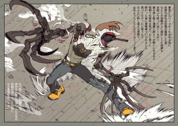 Rule 34 | 1boy, angry, bakushi (smys2017), belt, black eyes, blue pants, bolt (hardware), border, brown hair, collarbone, colored sclera, colored skin, colored teeth, colored tongue, commentary request, cyborg, denim, exposed internal machinery, familiar, full body, furrowed brow, grey background, grey border, gun, gun in mouth, jeans, legs apart, long claws, long nose, male focus, mechabare, mechanical arms, mechanical hands, navel, no shirt, pale skin, pants, pinocchio (vlad grimms), pointy nose, prosthesis, prosthetic arm, prosthetic hand, purple tongue, red sclera, red teeth, sharp teeth, shoes, short hair, solo, steam, sweatdrop, teeth, topless male, torn skin, translation request, vampire, very long claws, vlad grimms, weapon, white skin, yellow belt, yellow shoes