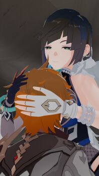 1boy 1girl artist_request bdsm black_gloves blue_eyes blue_hair breast_smother breasts brown_hair cape face_to_breasts femdom genshin_impact gloves hand_on_another&#039;s_head photo_(medium) reverse_ryona smother tartaglia_(genshin_impact) white_cape white_gloves yelan_(genshin_impact)