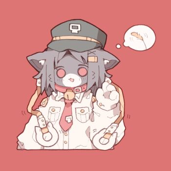 1other animal_collar animal_hands arm_at_side bad_id bad_twitter_id bell black_fur black_hair black_hat breast_pocket buttons cat_teaser collar commentary_request cropped_torso dot_nose dress_shirt furry hair_ornament hairclip hand_grip hand_up hat highres jingle_bell looking_at_viewer motion_lines neck_bell necktie nikamoka no_sclera open_mouth original peaked_cap pocket red_background red_collar red_necktie shirt shoulder_pads simple_background solo speech_bubble spoken_object thought_bubble upper_body white_shirt x_hair_ornament