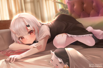 1girl black_dress black_ribbon blanket blush curtains dress feet gradient_hair hololive horn_ornament horn_ribbon horns indoors long_hair looking_at_viewer lying mujinbensin multicolored_hair nakiri_ayame no_shoes oni plant potted_plant poyoyo_(nakiri_ayame) red_eyes red_hair ribbon skin-covered_horns solo streaked_hair thighhighs virtual_youtuber white_hair white_thighhighs