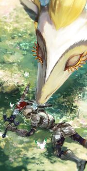 armor day dragon fairy flower grass hashtag-only_commentary helmet highres light_dragon_(zelda) linkerrrrr721 master_sword nintendo outdoors signature silent_princess skeleton skull the_legend_of_zelda the_legend_of_zelda:_tears_of_the_kingdom