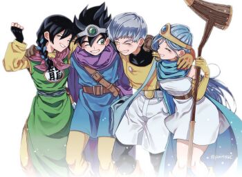 Rule 34 | 2boys, 2girls, aqua cloak, arm around shoulder, bag, belt, black bodysuit, black gloves, black hair, blue gem, blue hair, blue ribbon, blue tunic, bodysuit, boots, braid, breasts, brown belt, brown gloves, circlet, cloak, closed eyes, commentary request, cow, dragon quest, dragon quest iii, dress, earrings, elbow gloves, fingerless gloves, gem, gloves, green gem, green tunic, grey hair, grin, hair between eyes, hair ribbon, hero (dq3), holding, holding staff, jewelry, knees together feet apart, long hair, martial artist (dq3), medium breasts, multiple boys, multiple girls, neckerchief, one eye closed, pants, parted lips, pink neckerchief, poro482ii, purple cloak, ribbon, roto (dq3), sage (dq3), shirt, short dress, short hair, shorts, shoulder bag, side braid, sleeveless, sleeveless dress, smile, staff, strapless, strapless dress, teeth, thief (dq3), tunic, twintails, vest, white background, white dress, white shorts, yellow bodysuit, yellow boots, yellow eyes, yellow gloves, yellow pants, yellow shirt, yellow vest