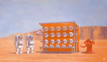 3others alien ambiguous_gender artist_logo astronaut balloon commentary flying_saucer fmu helmet logo market_stall mars_(planet) mask multiple_others original outdoors plateau space_helmet spacecraft spacesuit stone_mask tentacles