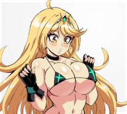 1girl 2023 :o ahoge alternate_hairstyle animated annoyed bare_shoulders bikini black_bikini black_gloves blonde_hair blush bouncing_breasts breasts chest_jewel choker collarbone commentary core_crystal_(xenoblade) english_commentary eyelashes fingerless_gloves fingernails gloves grey_background half-closed_eyes hands_up headpiece jiggle large_breasts lewdamone long_fingernails long_hair looping_animation micro_bikini monolith_soft mythra_(xenoblade) navel nintendo open_mouth puckered_lips shiny_skin sideways_glance simple_background solo strap_gap string_bikini swept_bangs swimsuit tiara underboob upper_body variant_set video white_background xenoblade_chronicles_(series) xenoblade_chronicles_2 yellow_eyes