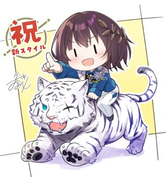 1girl :d absurdres aoi_erika black_hair blue_eyes blue_jacket blush byakko_(heaven_burns_red) chibi chibi_only commentary_request fangs full_body hair_between_eyes heaven_burns_red highres index_finger_raised jacket long_sleeves medium_hair open_mouth outstretched_arm pants pointing pointing_forward riding_tiger rinki_oohen signature simple_background smile solo tiger two-tone_background v-shaped_eyebrows white_background white_pants white_tiger yellow_background |_|