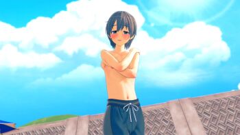 1girl 3d artist_request beach blue_male_swimwear blue_sky blue_swim_trunks blush covering_breasts covering_privates crossdressing crossdressing_(ftm) drawstring embarrassed female_focus flat_chest grey_eyes grey_hair highres idolmaster idolmaster_cinderella_girls male_swimwear male_swimwear_challenge nipples otokura_yuuki reverse_trap sky solo source_request standing swim_trunks swimsuit tagme topless_female