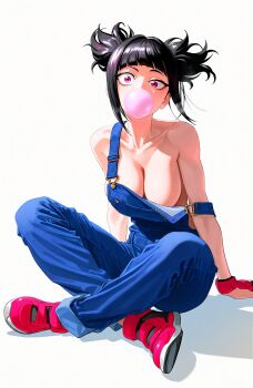 black_hair chewing_gum han_juri highres hoshino_akarii nipple_slip nipples overalls pink_eyes red_sneakers strap_slip street_fighter