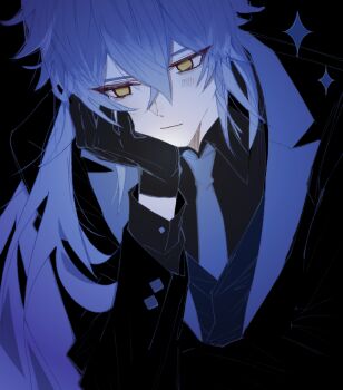 1boy black_background black_gloves closed_mouth crossed_bangs flins_(genshin_impact) formal_clothes genshin_impact gloves hand_on_own_face light_blush long_hair long_sleeves male_focus necktie nekota100 solo sparkle suit yellow_eyes