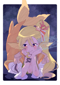 Rule 34 | 1girl, blonde hair, blush, border, breasts, cleavage, closed mouth, commentary request, coral hair ornament, dot nose, fins, full body, hair between eyes, hair ornament, head fins, head rest, highres, kneeless mermaid, large breasts, long hair, long sleeves, looking at viewer, lying, magia record: mahou shoujo madoka magica gaiden, mahou shoujo madoka magica, mermaid, monster girl, on stomach, outside border, ponytail, red eyes, serizawa serizane, shirt, smile, solo, star (symbol), star hair ornament, sweat, togame momoko, watermark, white border, white shirt