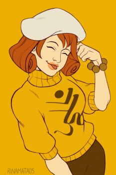 1girl ace_attorney artist_name bracelet closed_eyes hand_up hat highres ini_miney jewelry karina_mata phoenix_wright:_ace_attorney_-_justice_for_all red_hair short_hair standing sweater tongue tongue_out white_hat yellow_background yellow_sweater