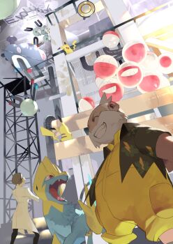 2boys artist_name brown_hair clenched_teeth closed_eyes dynamo_badge e_volution electrode_(pokemon) facial_hair from_below gen_1_pokemon gen_3_pokemon gen_4_pokemon grin gym_leader industrial_pipe jacket lab_coat magnemite magneton magnezone male_focus manectric multiple_boys nintendo pikachu pokemon pokemon_(creature) pokemon_oras scaffolding scientist_(pokemon) smile standing teeth voltorb wattson_(pokemon) white_hair