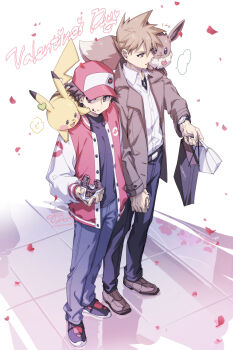 Rule 34 | 2boys, 88 (einnimnech), bag, baseball cap, black hair, black pants, black shirt, blue oak, blue pants, brown eyes, brown hair, brown jacket, closed mouth, collared shirt, commentary request, donut, eevee, food, food on face, gen 1 pokemon, happy valentine, hat, heart, highres, holding, holding bag, holding donut, holding food, holding hands, jacket, male focus, multiple boys, nintendo, on shoulder, open mouth, pants, pikachu, pokemon, pokemon (creature), pokemon on shoulder, pokemon rgby, red (pokemon), red hat, red jacket, shirt, shoes, shopping bag, short hair, smile, spiked hair, white shirt, yaoi