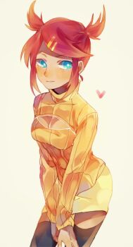 1girl alternate_costume android artist_request blue_eyes breasts center_opening cleavage cleavage_cutout clothing_cutout dark-skinned_female dark_skin dress female_focus hair_ornament hairclip highres looking_at_viewer machinery open-chest_sweater open_mouth red_hair sari_sumdac short_hair short_twintails simple_background smile solo sweater thighhighs transformers transformers_animated turtleneck twintails